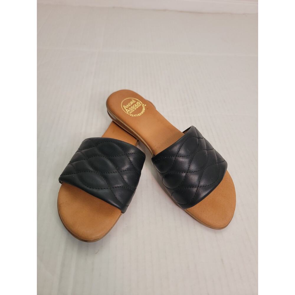 Andre Assous Sandals Womens Sz 9 Slip On Slide Black Tan Euro Summer Spain Made
